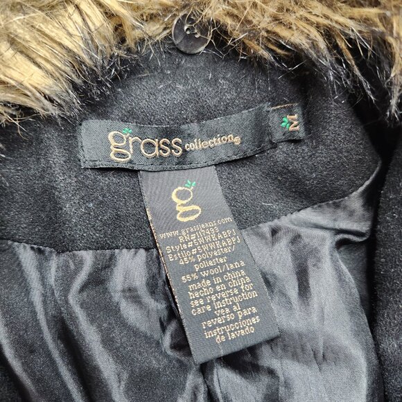 Grass Collection Black Brown Faux Fur Belted Button Pea Coat - Picture 5 of 8